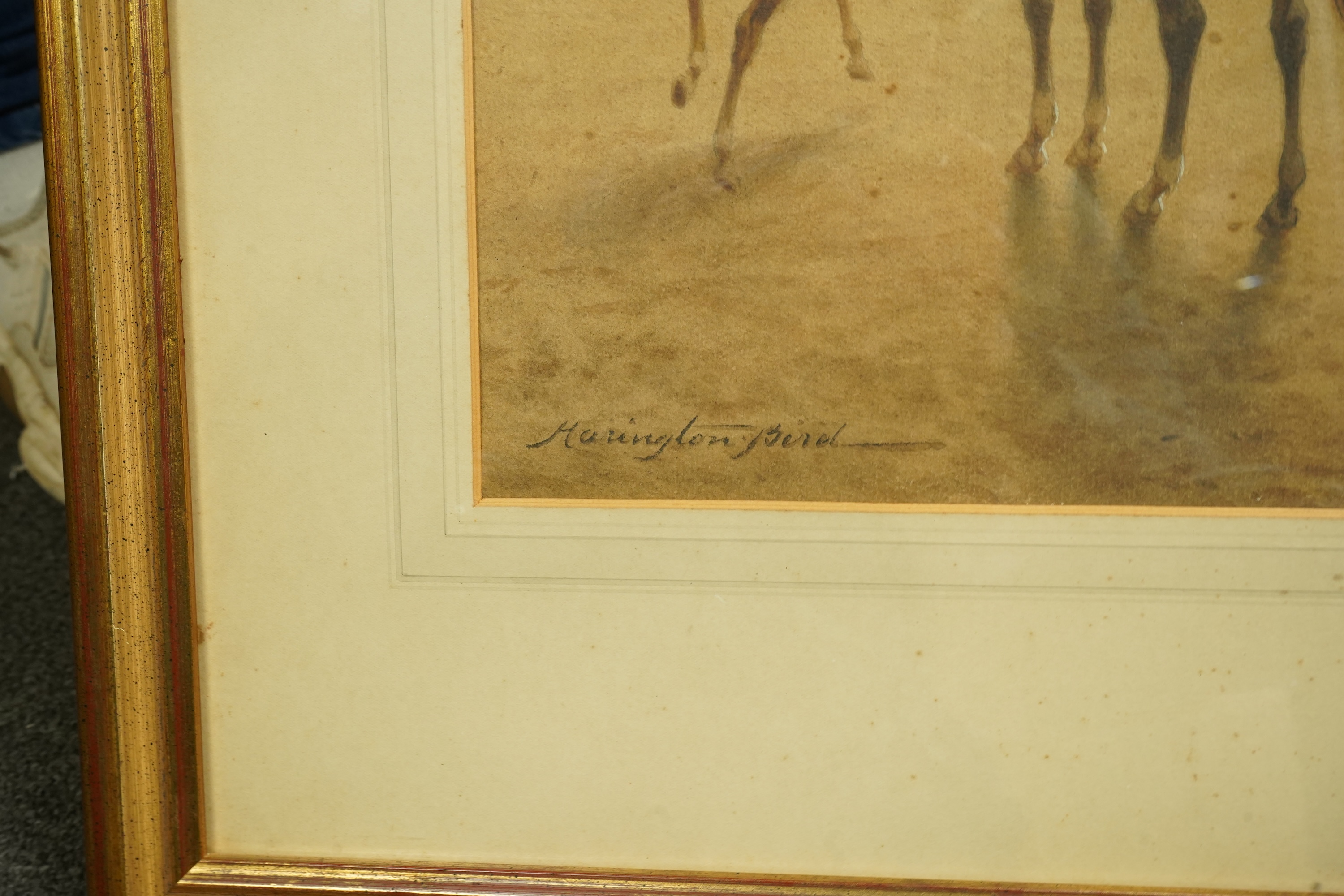 John Alexander Harrington Bird (English, 1846-1936), Arabian horses and foals in a coastal landscape, watercolour, 34 x 49cm